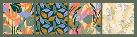 Abstract collection of seamless patterns with leaves and geometric shapes. Modern design .のイラスト素材