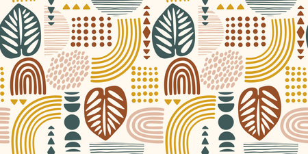 Seamless pattern with abstract leaves and geometric shapes. Modern vector designのイラスト素材