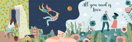 Romantic illustrations with men and women. Love, love story, relationship. Vector design banner for Valentines Dayのイラスト素材