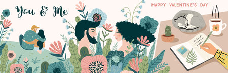 Romantic illustrations with men and women. Love, love story, relationship. Vector design banner for Valentines Dayのイラスト素材