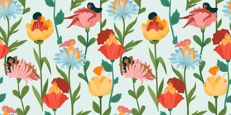 Seamless pattern with women sitting in flowers. Concept for International Women s Day and other use. Vector.のイラスト素材