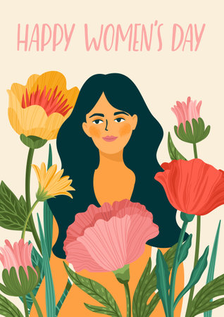 International Women s Day. Vector template with woman and flowers for card, poster, flyer and otheのイラスト素材
