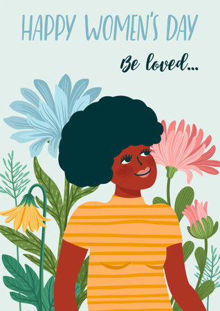 International Women s Day. Vector template with woman and flowers for card, poster, flyer and otheのイラスト素材