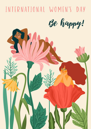 International Women s Day. Vector template with women and flowers for card, poster, flyer and otherのイラスト素材