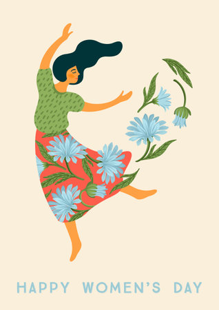 International Women s Day. Vector template with dancing woman and flowers for card, poster, flyer and otherのイラスト素材