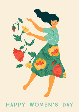 International Women s Day. Vector template with dancing woman and flowers for card, poster, flyer and otherのイラスト素材
