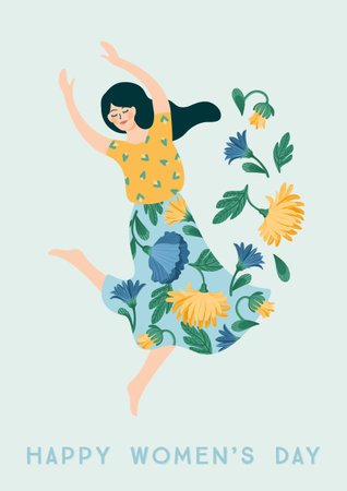 International Women s Day. Vector template with dancing woman and flowers for card, poster, flyer and otherのイラスト素材