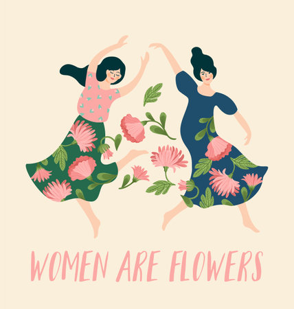 Vector template with dancing women and flowers. International Women s Day concept for card, poster, flyer and otherのイラスト素材