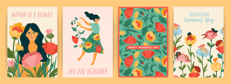 International Women s Day. Set of vector templates with cute women and flowers for card, poster, flyer and otherのイラスト素材