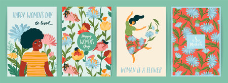 International Women s Day. Set of vector templates with cute women and flowers for card, poster, flyer and otherのイラスト素材