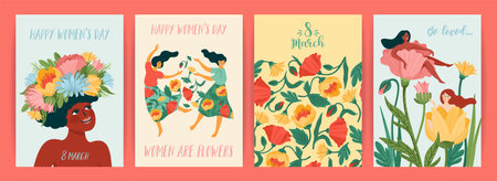 International Women s Day. Set of vector templates with cute women and flowers for card, poster, flyer and otherのイラスト素材