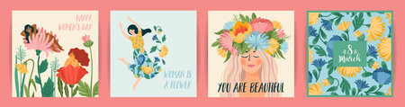 International Women s Day. Set of vector templates with cute women and flowers for card, poster, flyer and otherのイラスト素材