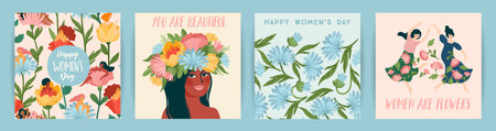 International Women s Day. Set of vector templates with cute women and flowers for card, poster, flyer and otherのイラスト素材