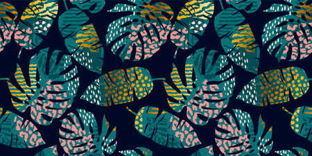 Seamless exotic pattern with tropical leaves, animal prints and hand drawn textures. Vector illustration.のイラスト素材