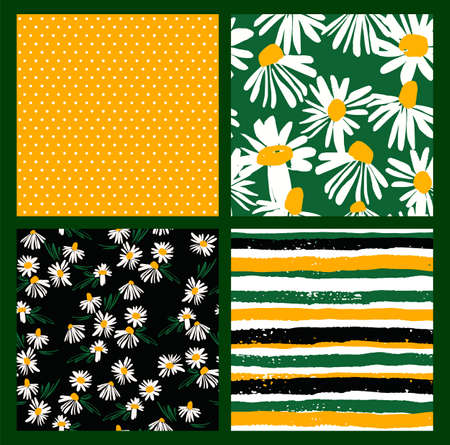 Abstract floral seamless patterns with chamomile. Trendy hand drawn textures. Modern abstract designのイラスト素材