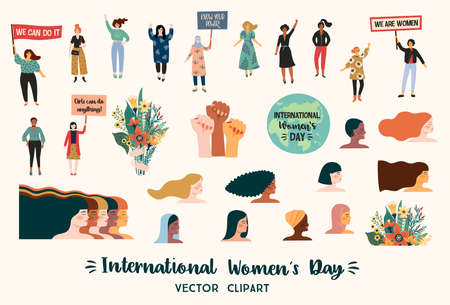 International Womens Day. Vector clipart with women different nationalities and cultures.のイラスト素材