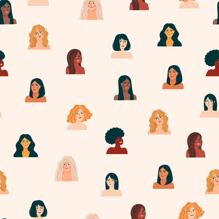 International Womens Day. Vector seamless pattern with women different nationalities and cultures.のイラスト素材