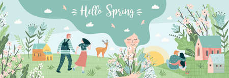 Banner with cute illustrations of people and spring nature. Love, relationships, young people. Vectorのイラスト素材