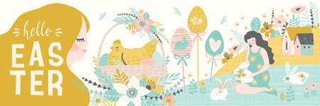 Happy Easter. Banner with cute illustrations of easter symbols and spring nature.のイラスト素材