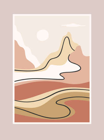 Contemporary art print with southern landscape. Mediterranean, North Africa. Line art. Modern vector designのイラスト素材