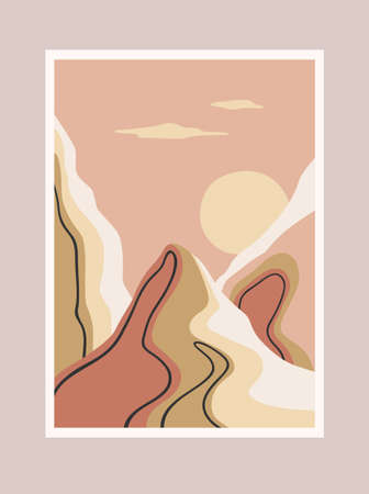 Contemporary art print with southern landscape. Mediterranean, North Africa. Line art. Modern vector designのイラスト素材