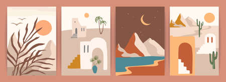 Collection of contemporary art prints with southern landscape. Mediterranean, North Africa. Modern vector designのイラスト素材