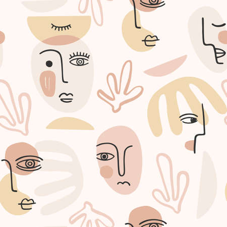Contemporary portrait. Vector seamless pattern wtih trandy abstract face painting. Modern designのイラスト素材