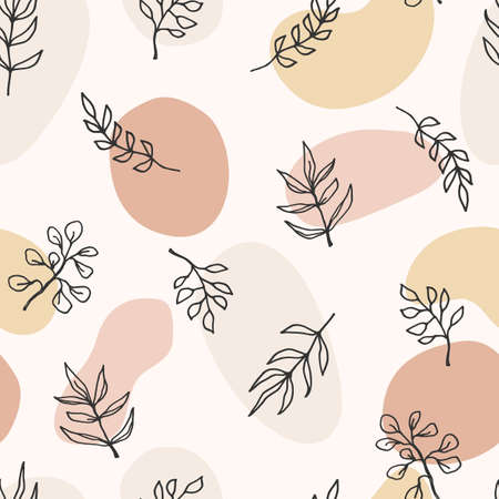 Contemporary art seamless pattern with branches, leaves, plants. Line art. Modern designのイラスト素材