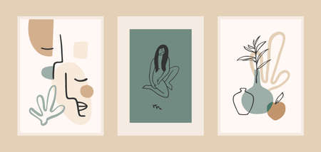 Set of Contemporary art prints. Line art. Modern vector designのイラスト素材