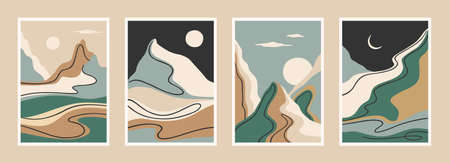 Contemporary art print with southern landscape. Mediterranean, North Africa. Line art. Modern vector designのイラスト素材
