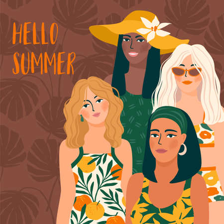 Vector illustration of woman in bright swimsuit. Young girls with different skin colors.のイラスト素材