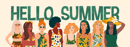 Vector illustration of women in bright swimsuit. Young girls with different skin colors.のイラスト素材