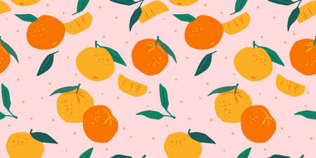 Vector seamless pattern with mandarins. Trendy hand drawn textures. Modern abstract design.のイラスト素材