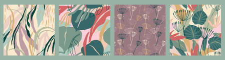 Abstract collection of seamless patterns with leaves and geometric shapes. Modern designのイラスト素材