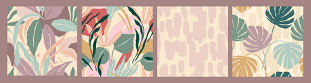 Abstract collection of seamless patterns with leaves and geometric shapes. Modern designのイラスト素材
