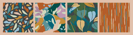 Abstract collection of seamless patterns with leaves and geometric shapes. Modern designのイラスト素材