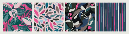 Abstract collection of seamless patterns with leaves and geometric shapes. Modern designのイラスト素材