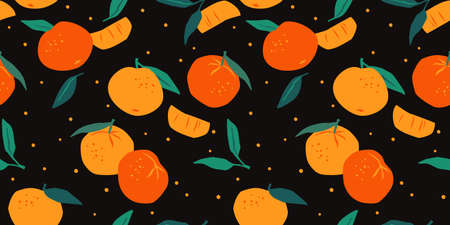 Vector seamless pattern with mandarins. Trendy hand drawn textures. Modern abstract designのイラスト素材