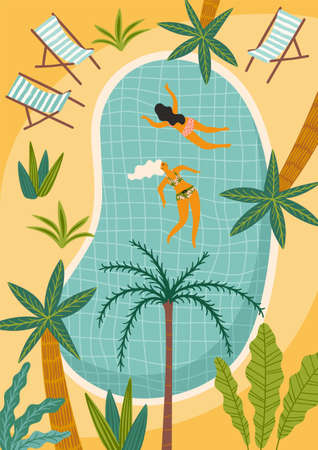 Vector illustration of tropical beach and swimming pool. Design element for summer conceptのイラスト素材