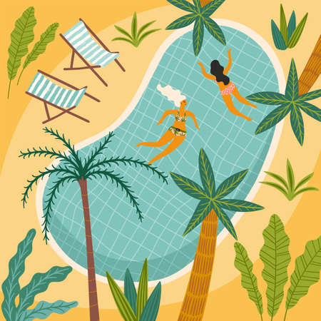 Vector illustration of tropical beach and swimming pool. Design element for summer conceptのイラスト素材
