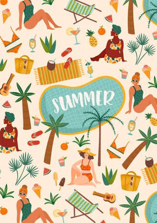 Vector illustration of women in swimsuit on tropical beach. Summer holliday, vacation, travel.のイラスト素材