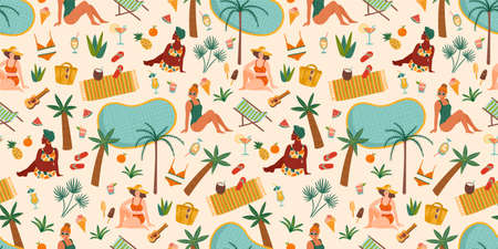Vector seamless pattern with women in swimsuit on tropical beach. Summer holliday, vacation, travel.のイラスト素材