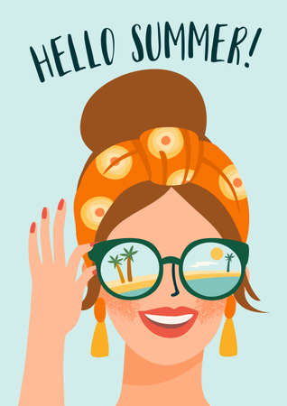 Vector illustration of cute lady in glasses on tropical beach.のイラスト素材