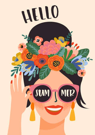 Hello summer. Vector illustration of cute lady in glasses with wreath. Design templateのイラスト素材