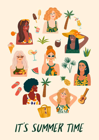 Vector illustration of women in swimsuit on tropical beach. Summer holliday, vacation, travel.のイラスト素材