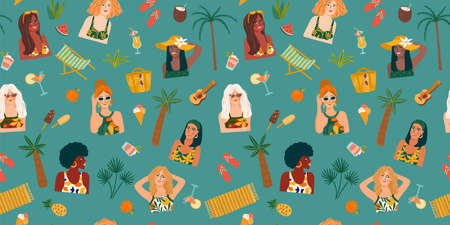 Vector seamless pattern with women in swimsuit on tropical beach. Summer holliday, vacation, travel.のイラスト素材