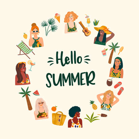 Summer illustration with cute women. Summer holliday, vacation, travel. Vector templatのイラスト素材