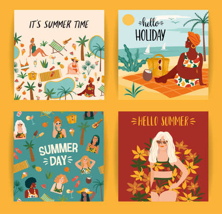 Set of bright summer illustrations with cute women. Summer holliday, vacation, travel. Vector templatesのイラスト素材