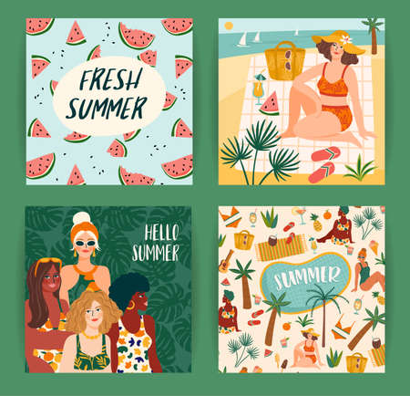 Set of bright summer illustrations with cute women. Summer holliday, vacation, travel. Vector templatesのイラスト素材