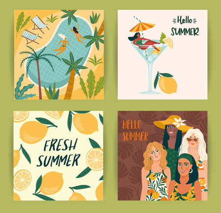 Set of bright summer illustrations with cute women. Summer holliday, vacation, travel. Vector templatesのイラスト素材